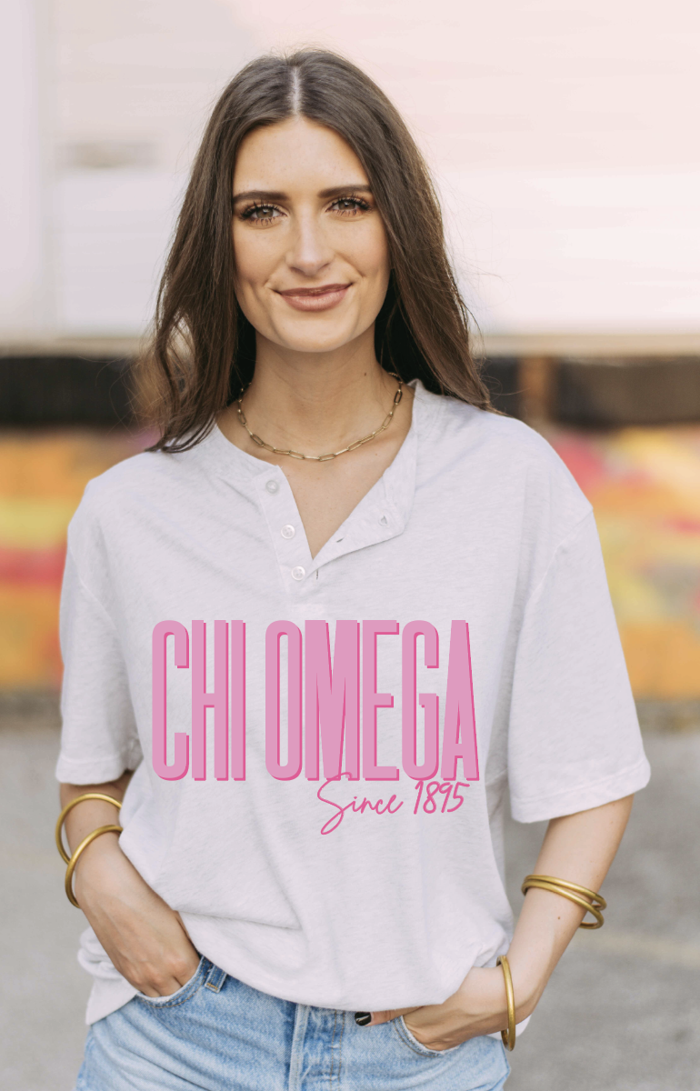 Chi Omega Pink Script Heather White Henley